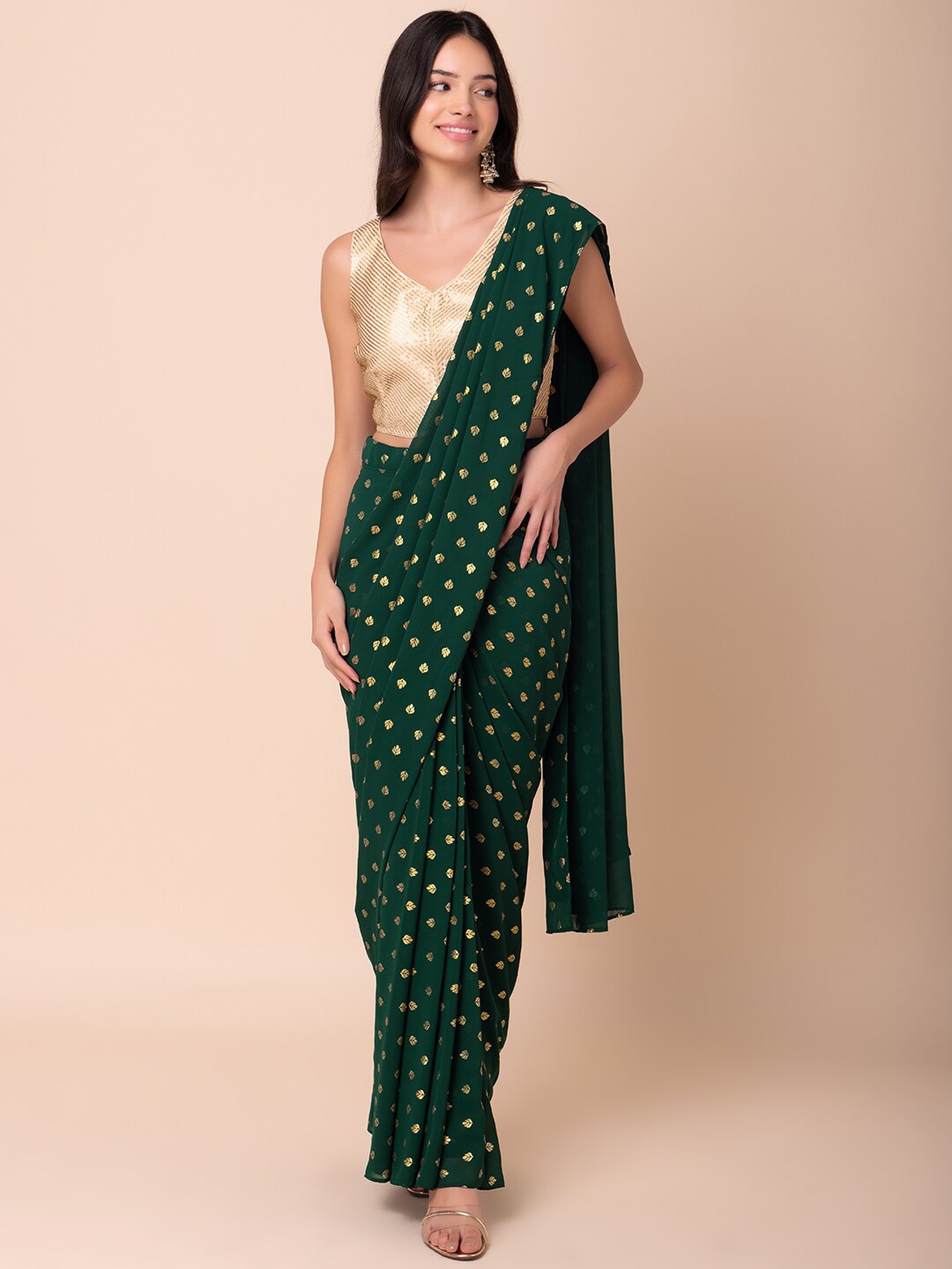 

INDYA Printed Ready To Wear Saree, Green