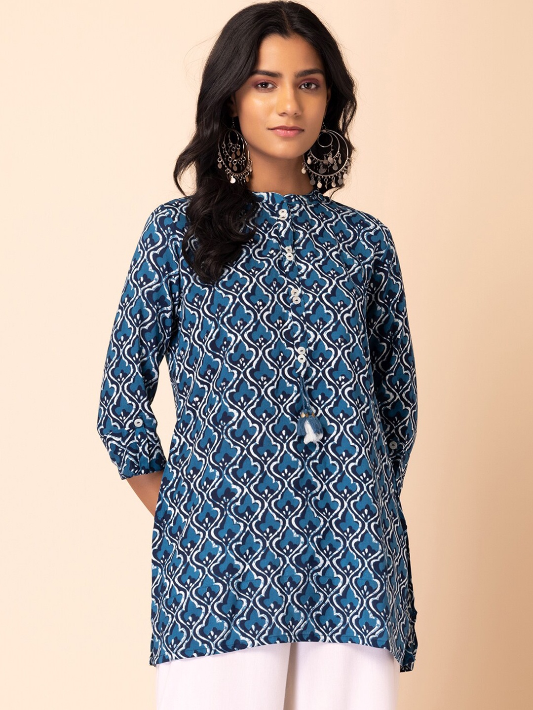 

INDYA Ethnic Motifs Printed Mandarin Collar Straight Kurta, Blue