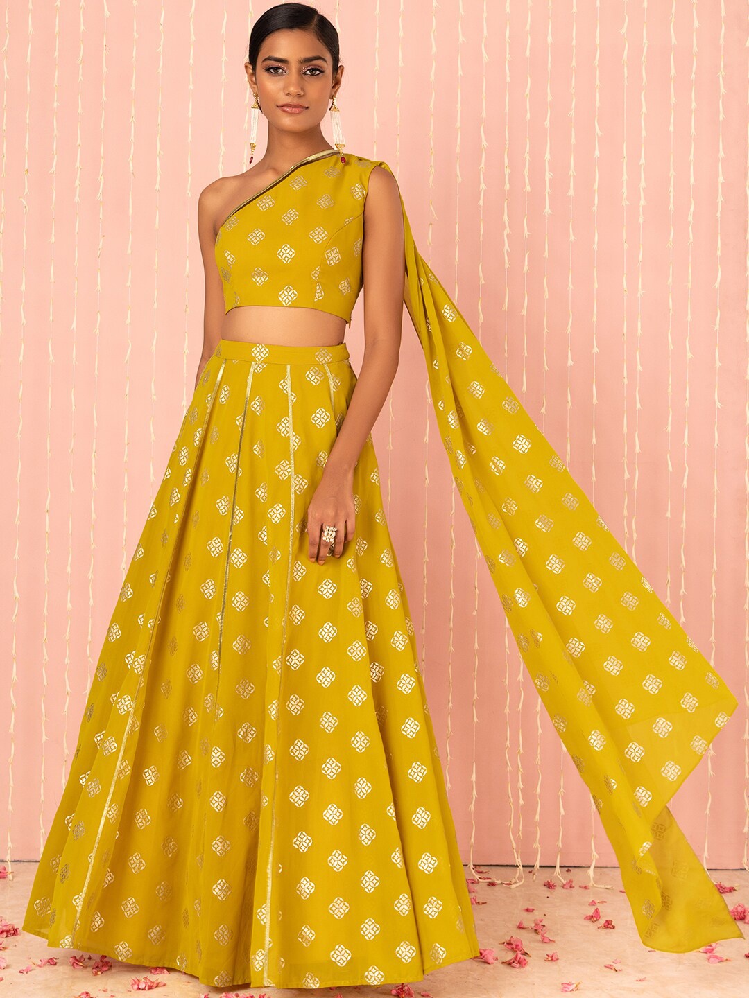 

INDYA Printed One Shoulder Top With Attached Drape & Skirt, Yellow