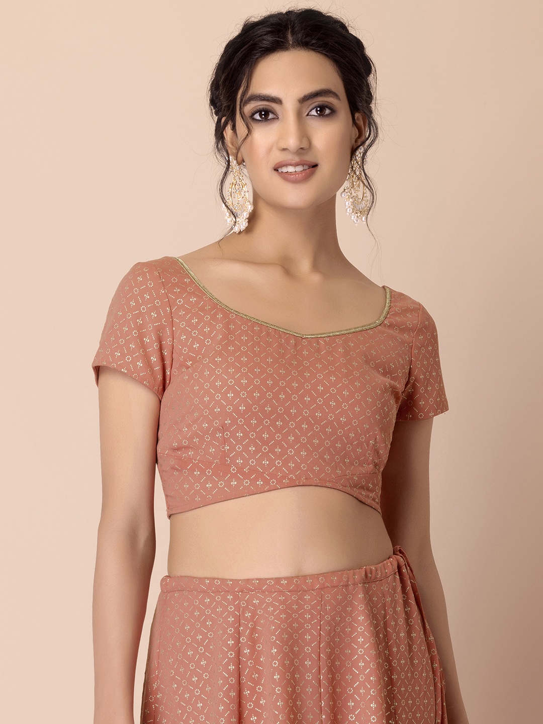 

INDYA Foil Printed Round Neck Short Sleeves Crop Top, Peach