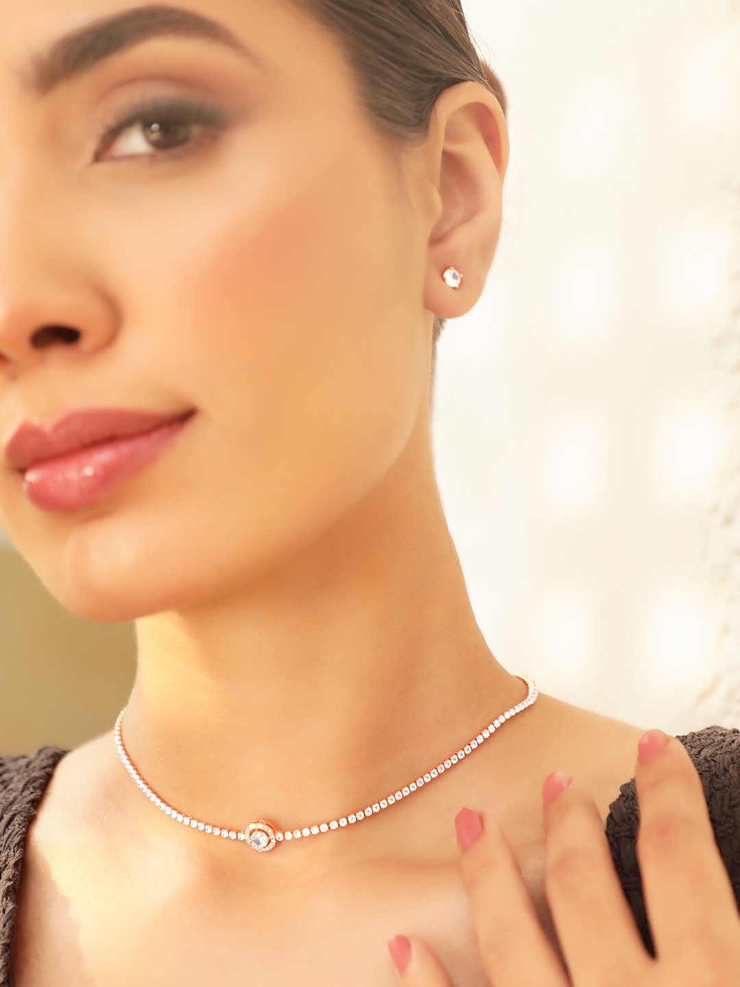 

Rubans Voguish Rose Gold-Plated Cubic Zerconia Studded Tennis Jewellery Set