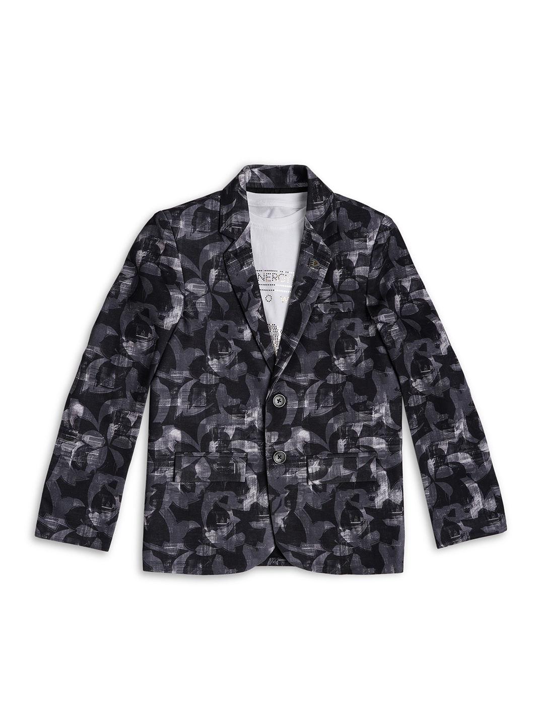 

CAVIO Boys Floral Printed Pure Cotton Cambric Blazer With T-shirt, Black