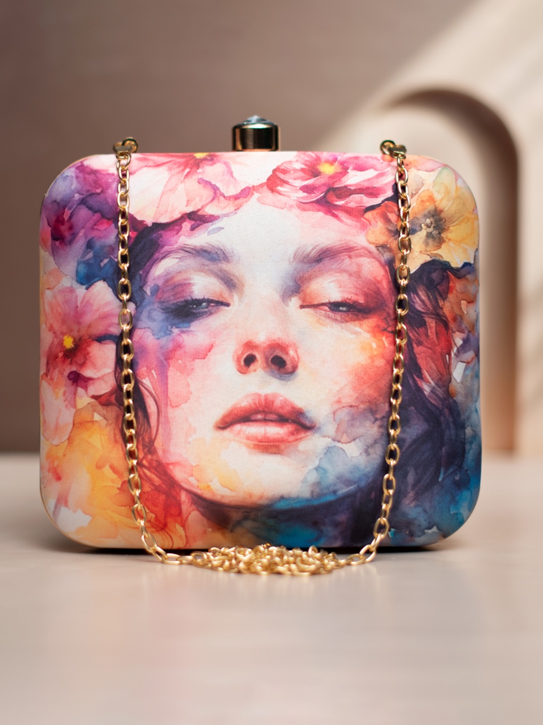 

ARTKLIM Floral Printed Box Clutch, White