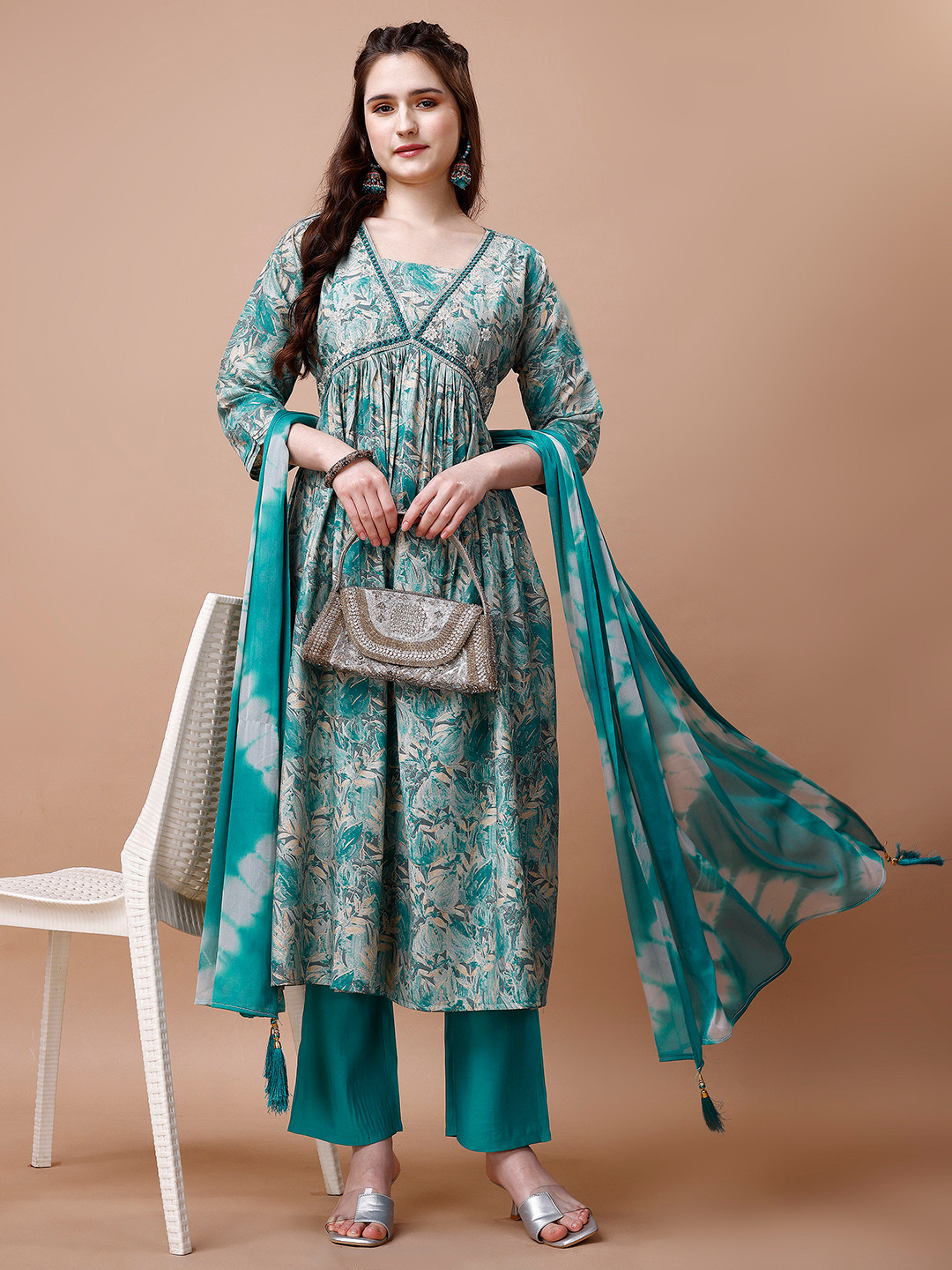 

INDYES Floral Embroidered Pleated Mirror Work Kurta With Trousers & Dupatta, Turquoise blue