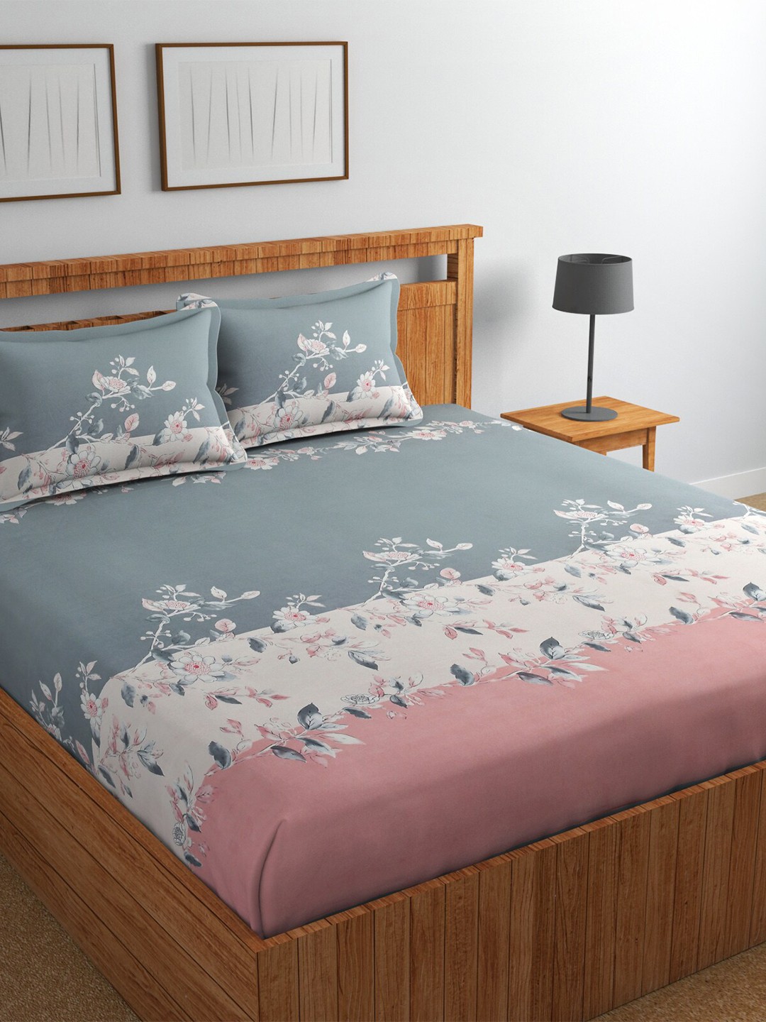 

Florida Pink & Grey Floral Cotton 180 TC King Bedsheet with 2 Pillow Covers