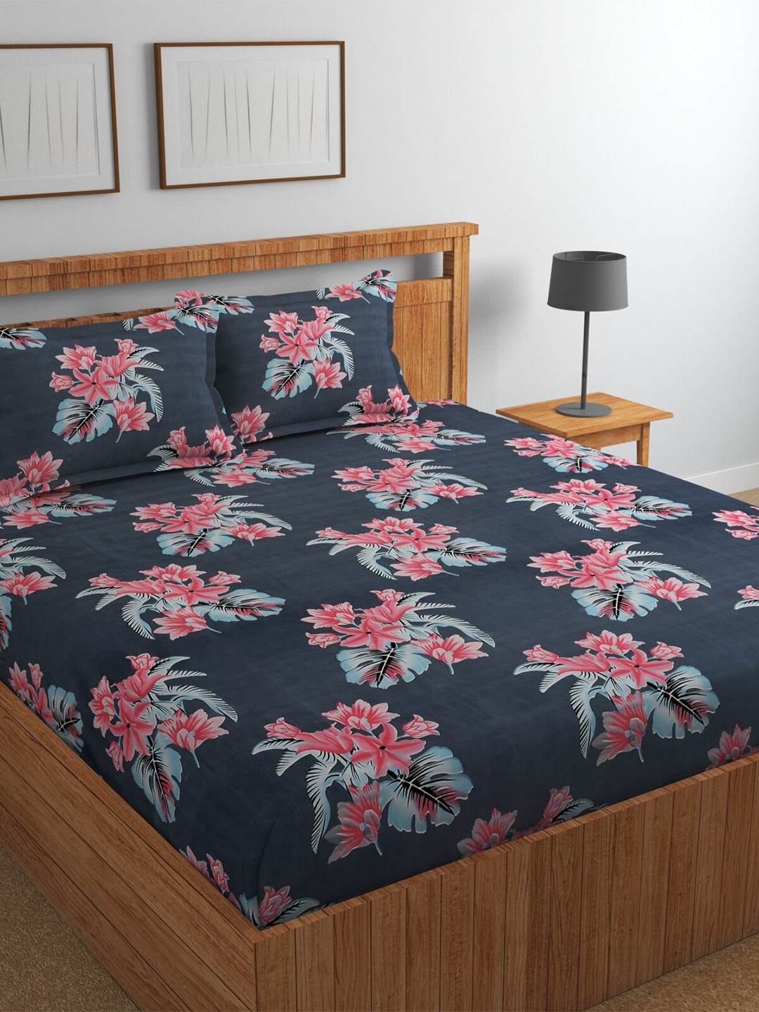 

Florida Blue & Pink Floral Cotton 180 TC King Bedsheet With 2 Pillow Covers
