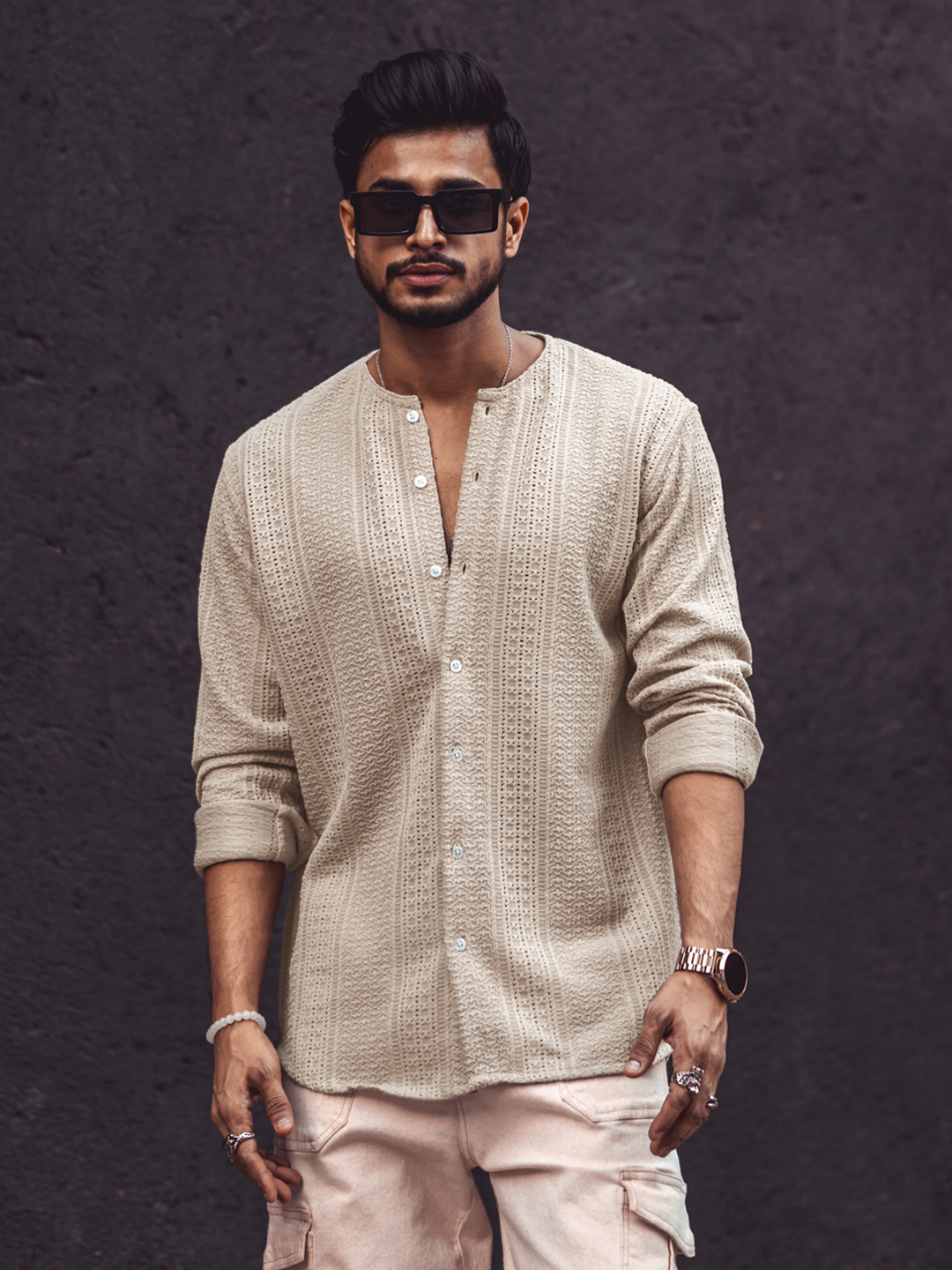 

Powerlook Beige Abstract Printed Semi Sheer India Slim Casual Crochet Shirt