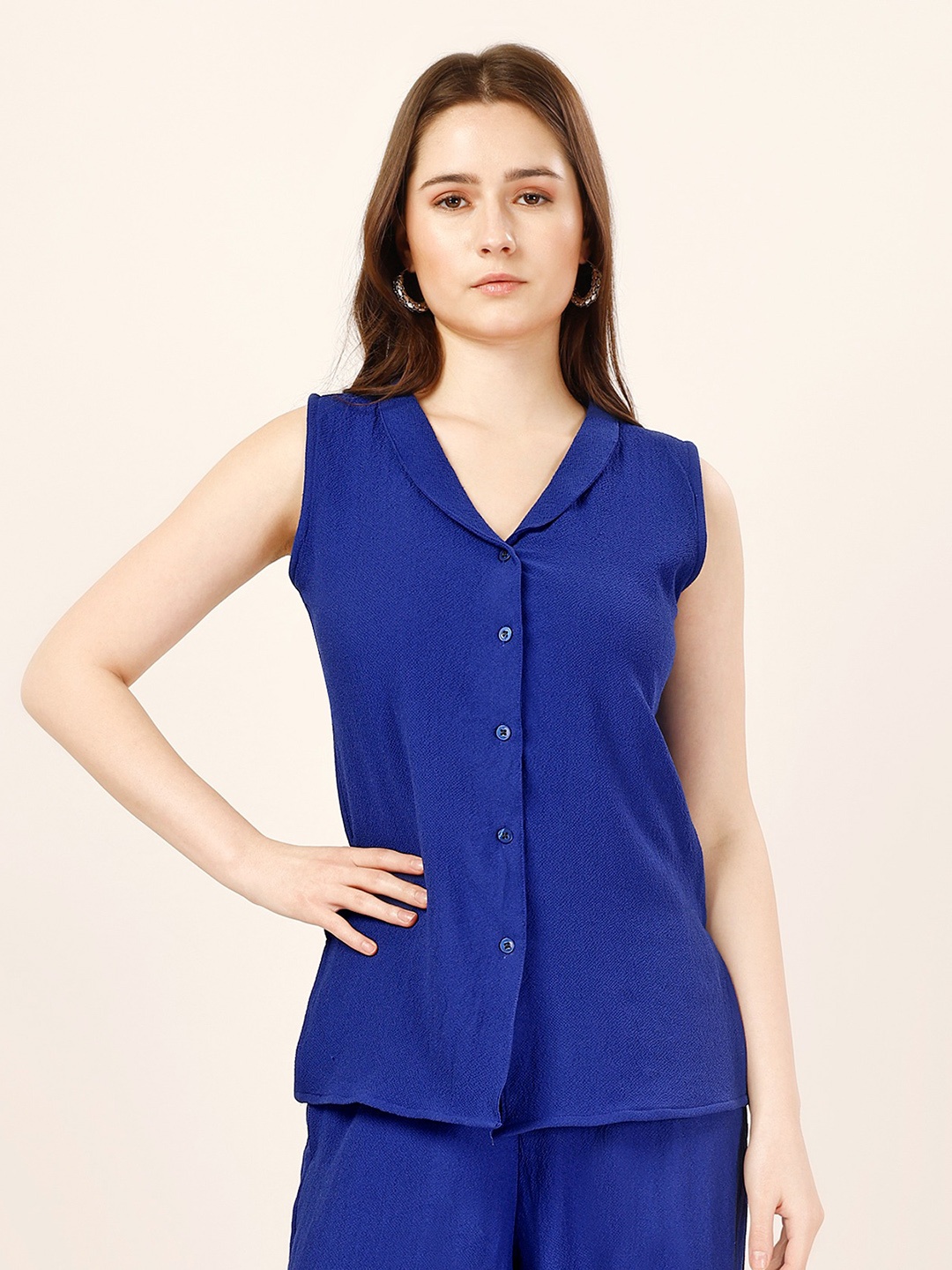 

Fashfun Relaxed Peter Pan Collar Sleeveless Casual Shirt, Blue