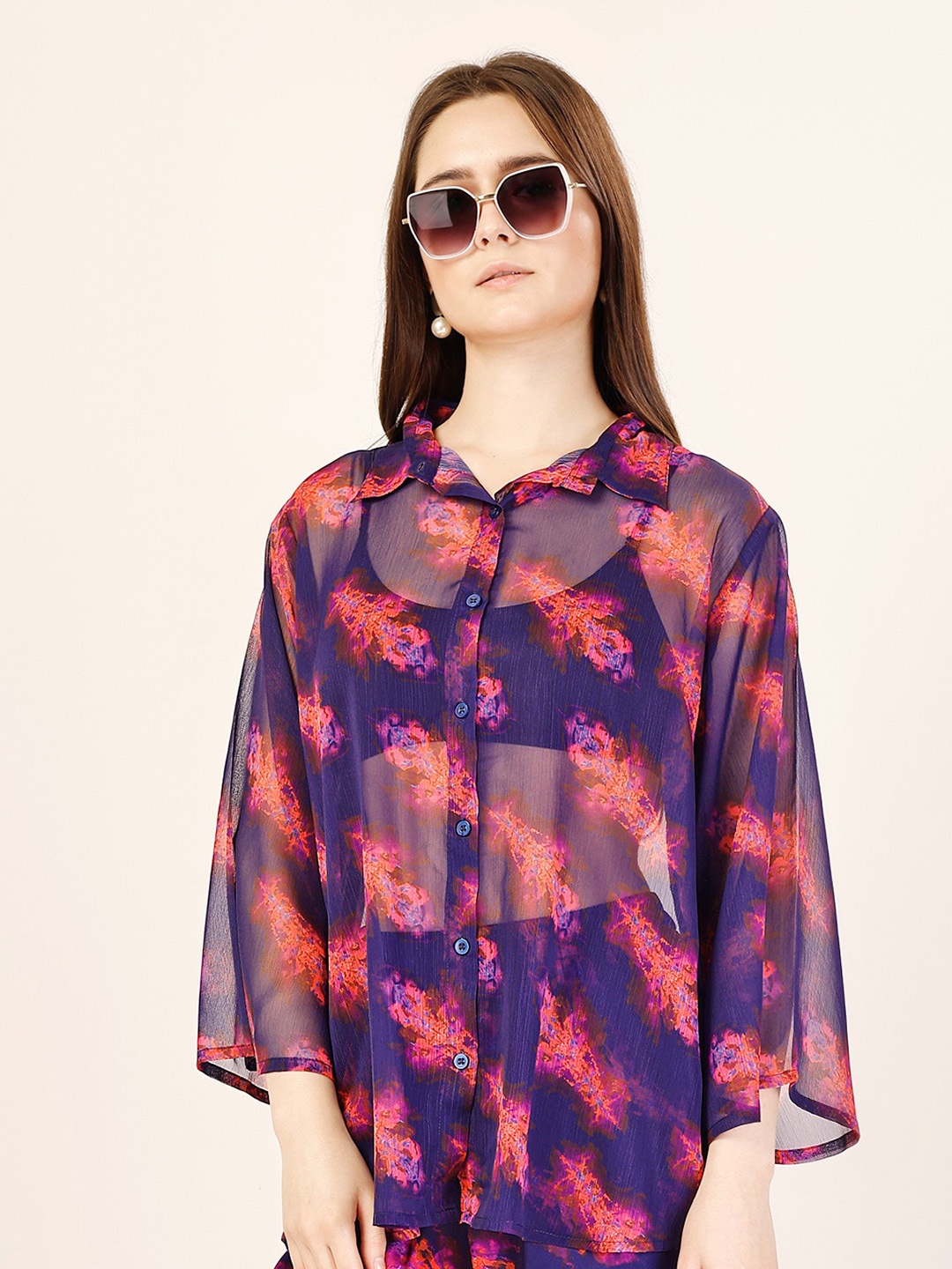 

Fashfun Relaxed Semi Sheer Abstract Printed Spread Collar Long Sleeves Casual Shirt, Navy blue