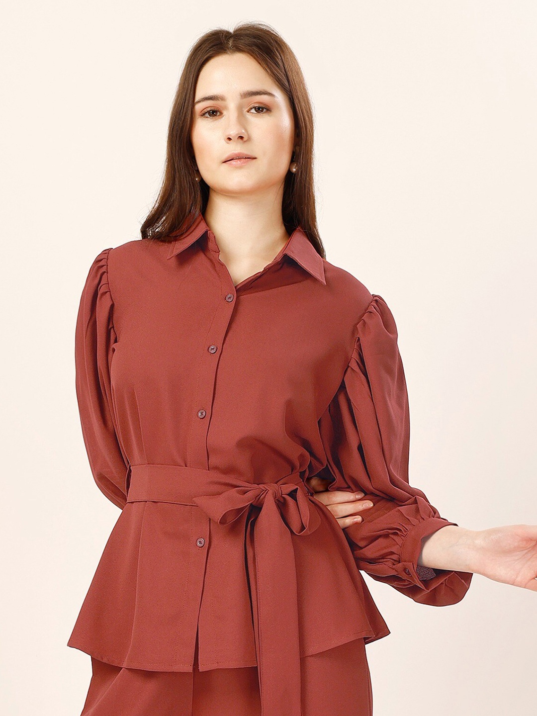 

Fashfun Relaxed Spread Collar Long Puff Sleeves Casual Shirt, Brown