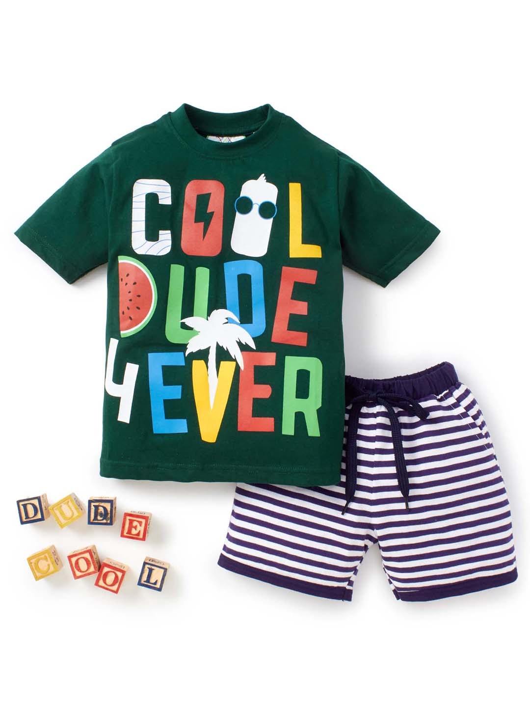 

Knit N Knot Boys Typography Printed T-shirt with Shorts, Green