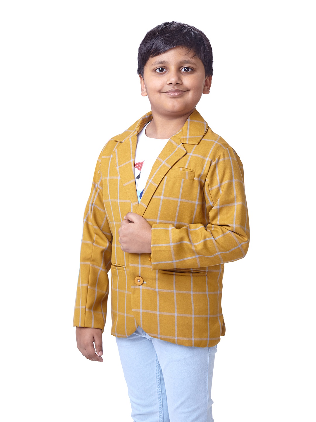 

Knit N Knot Boys Checked T-Shirt And Trousers With Blazer, Yellow