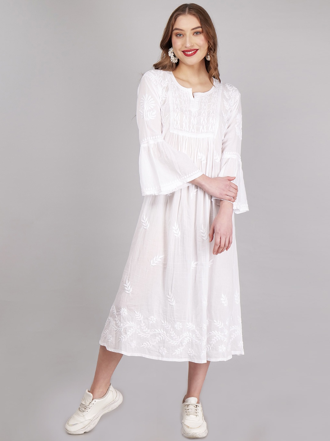 

Syrish Floral Embroidered Midi Cotton A-Line Dress, White