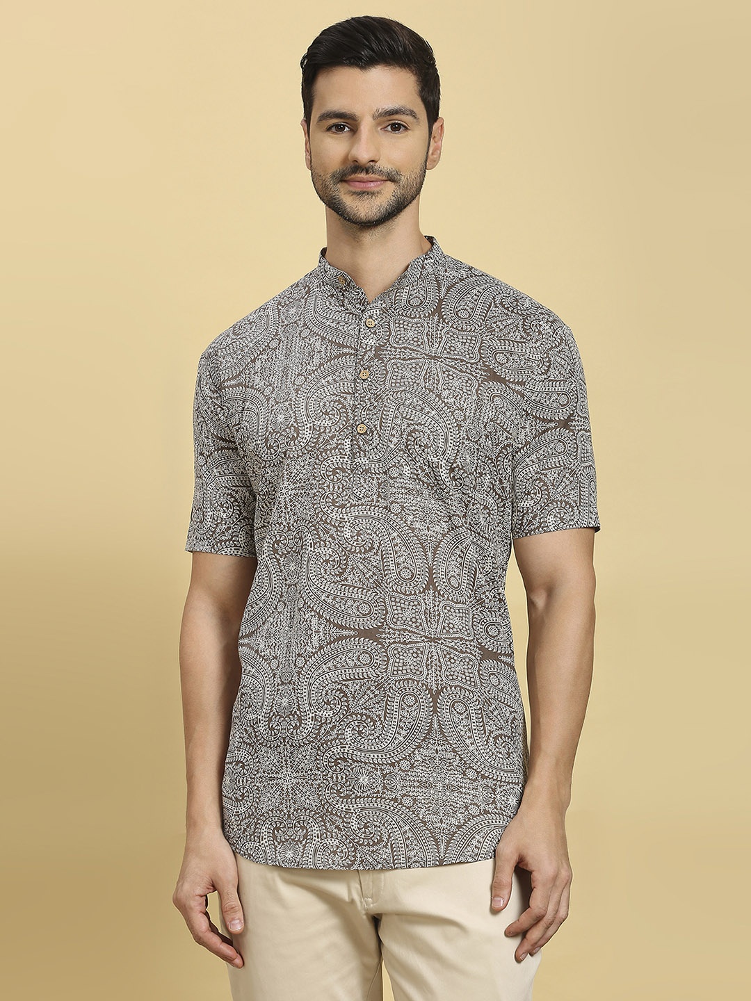 

RAJUBHAI HARGOVINDAS Ethnic Motifs Printed Mandarin Collar Block Print Pure Cotton Kurta, Black