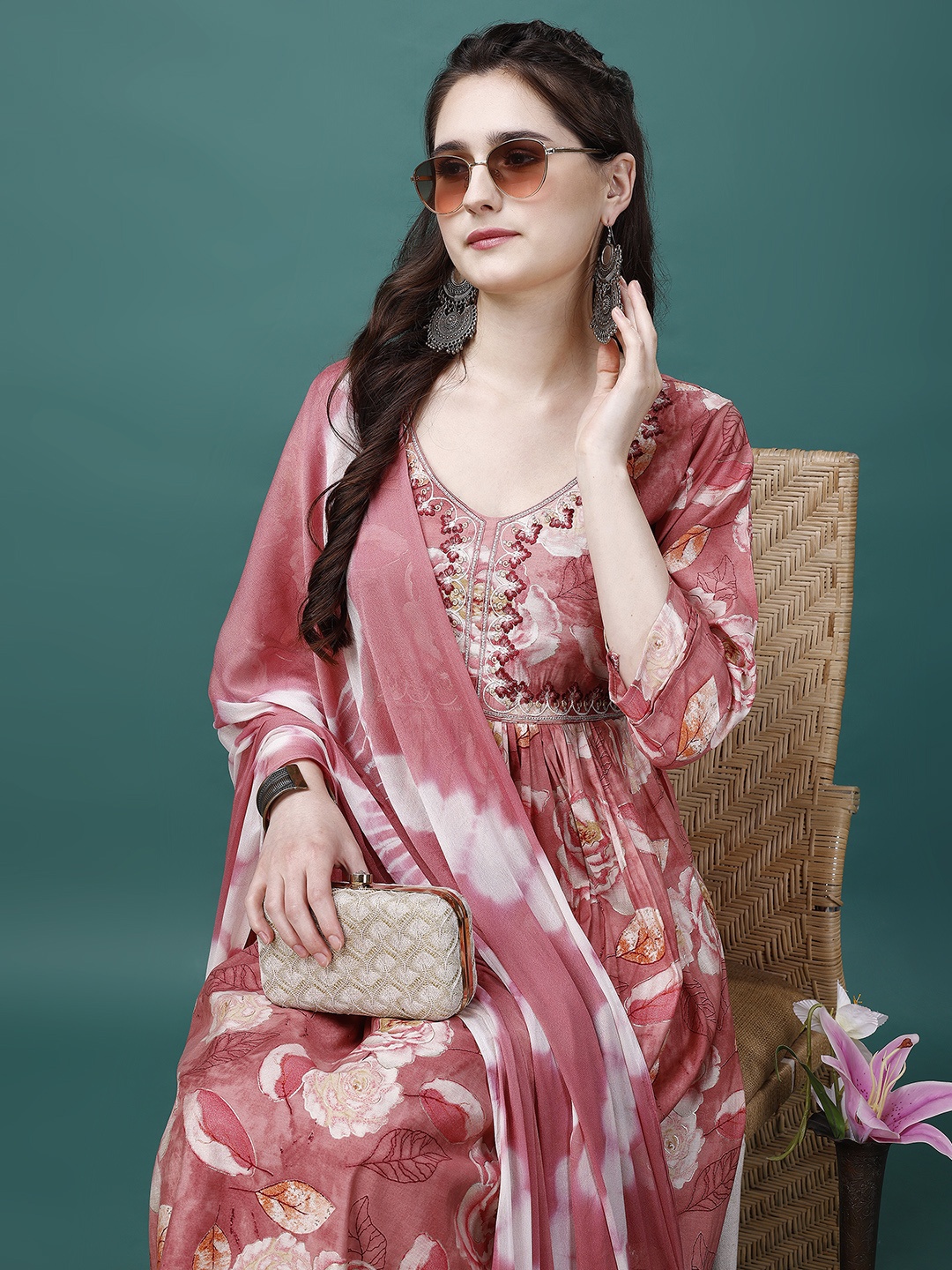 

KALINI Floral Embroidered Pleated Anarkali Kurta With Trousers & Dupatta, Peach
