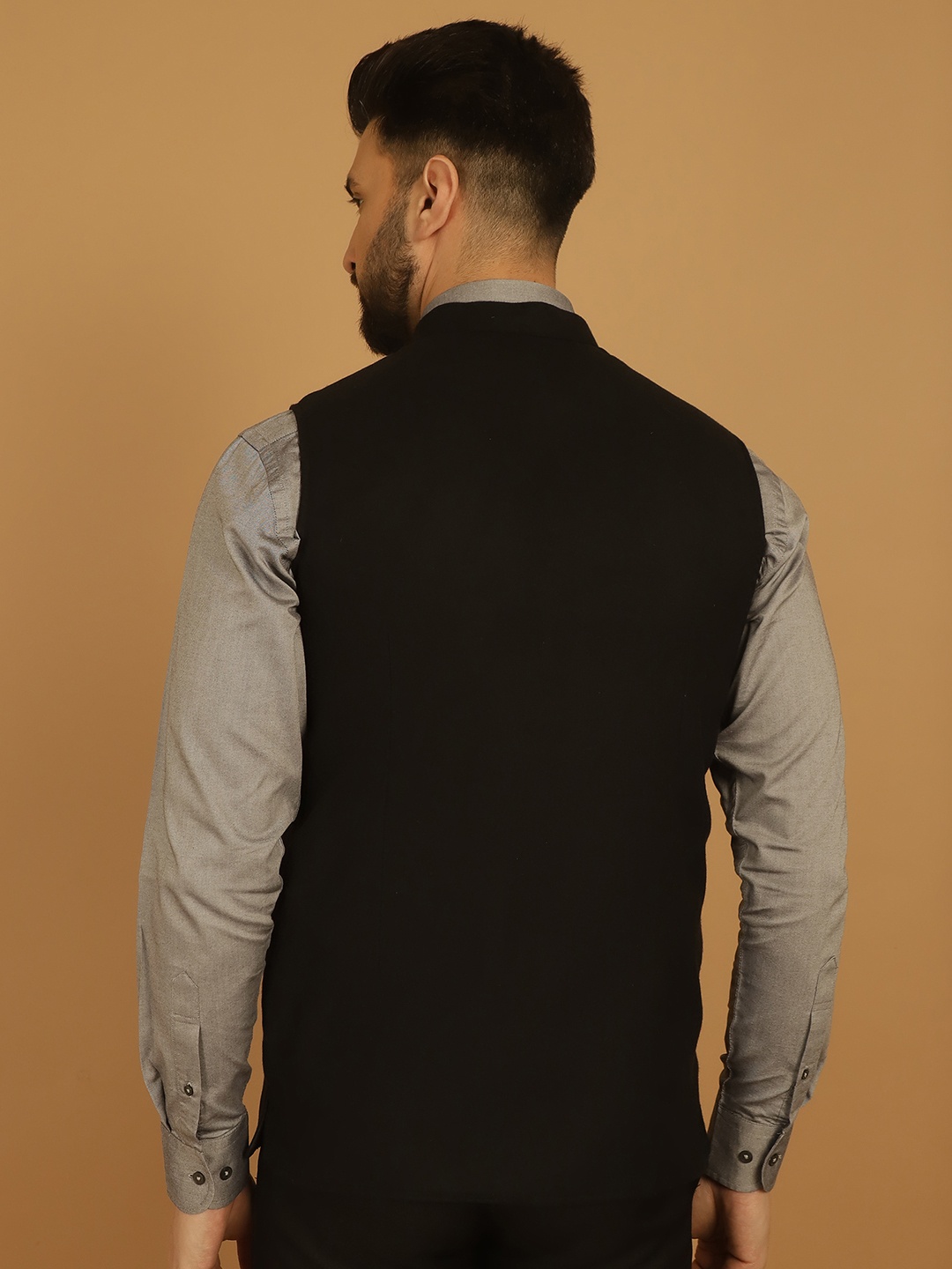 

even Mandarin Collar Pure Woollen Nehru Jacket, Black