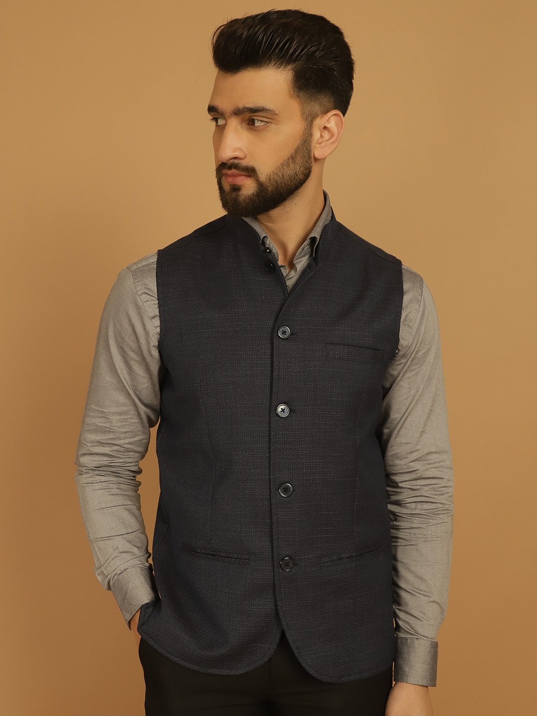 

even Mandarin Collar Nehru Jacket, Blue