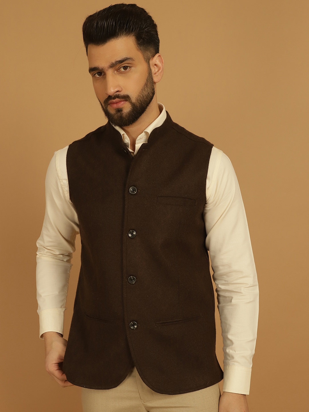 

even Mandarin Collar Pure Woollen Nehru Jacket, Brown