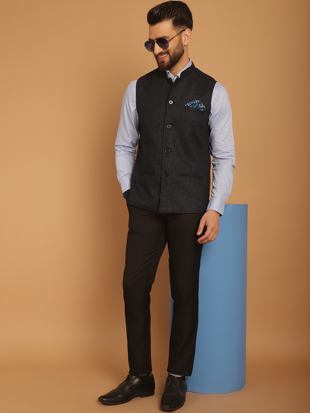 

even Mandarin Collar Woollen Nehru Jacket, Blue