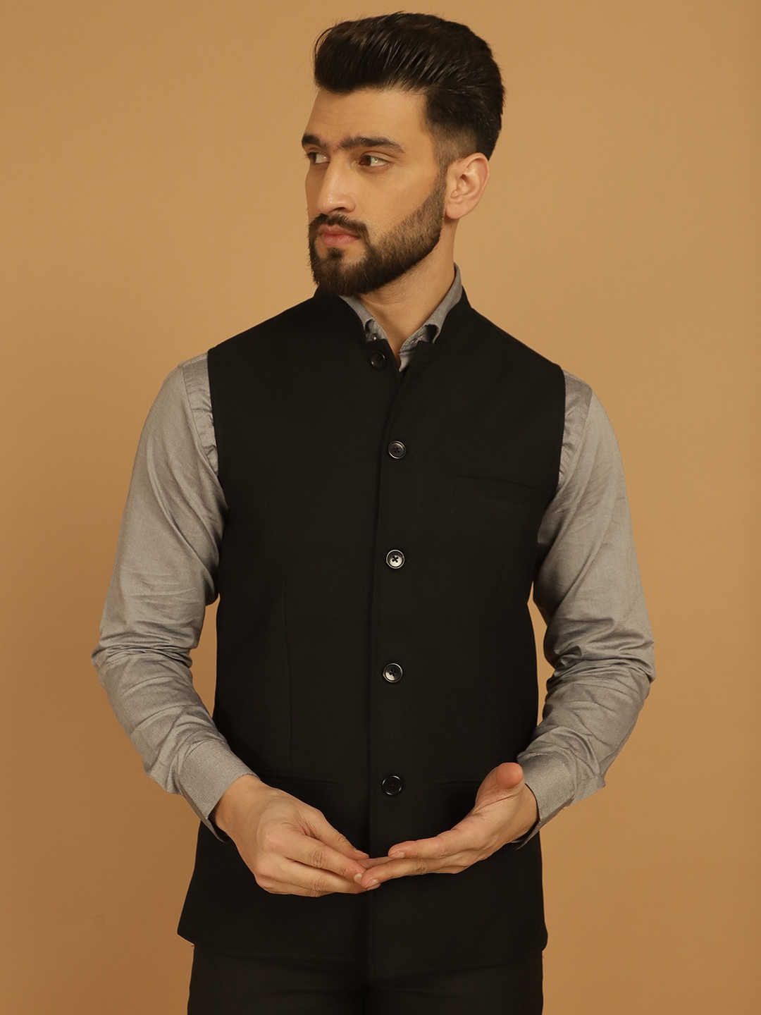

even Mandarin Collar Nehru Jacket, Black