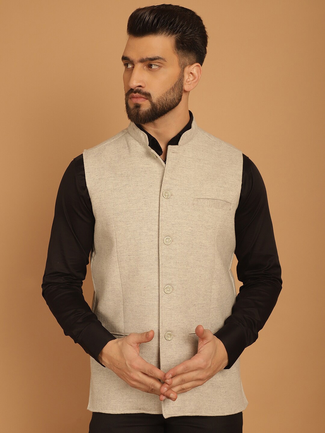 

even Mandarin Collar Pure Woollen Nehru Jacket, Off white