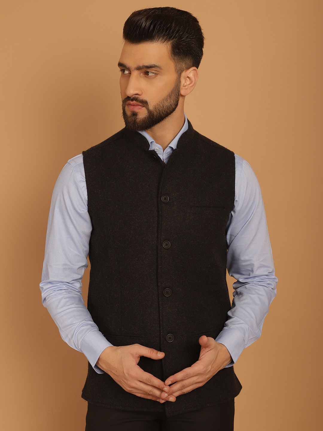 

even Mandarin Collar Woollen Nehru Jackets, Charcoal