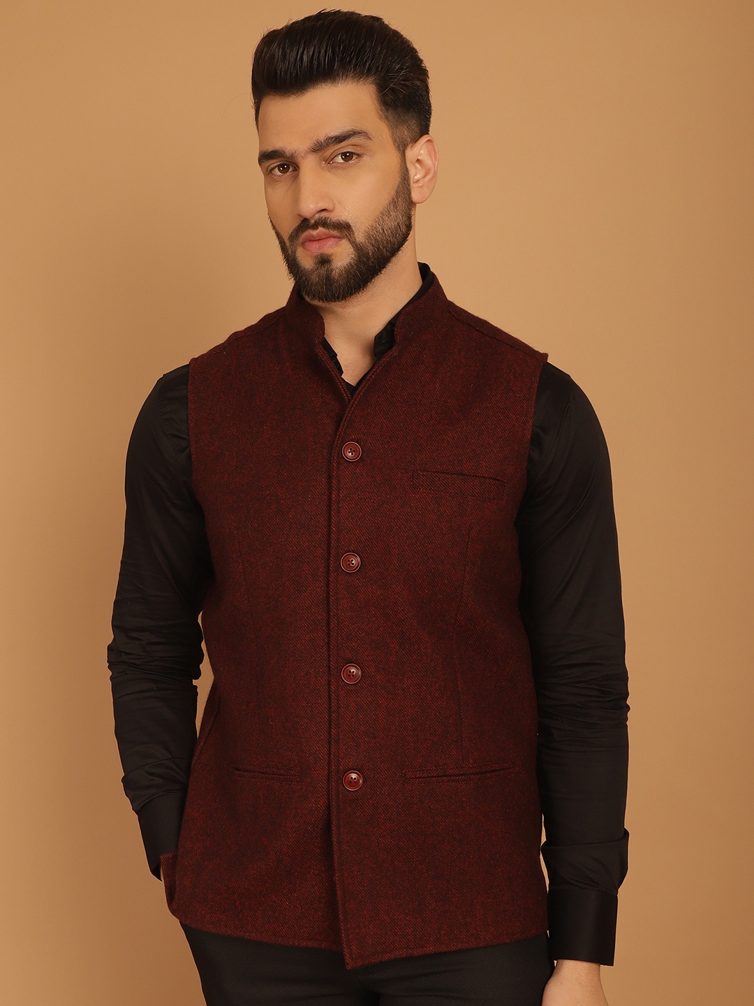 

even Pure Woollen Mandarin Collar Nehru Jackets, Maroon