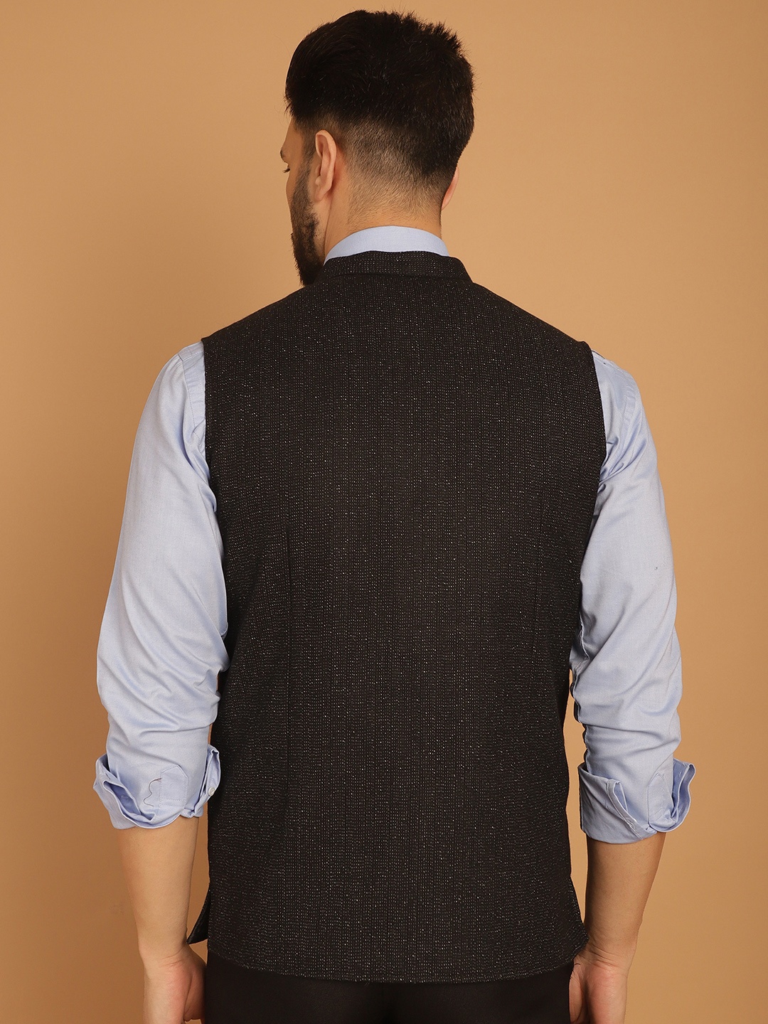 

even Mandarin Collar Sleeveless Pure Woollen Nehru Jacket, Black
