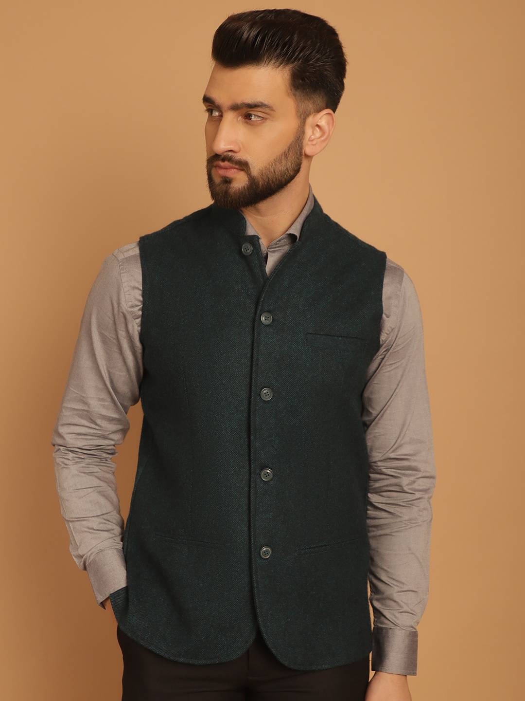 

even Mandarin Collar Pure Woollen Nehru Jacket, Green