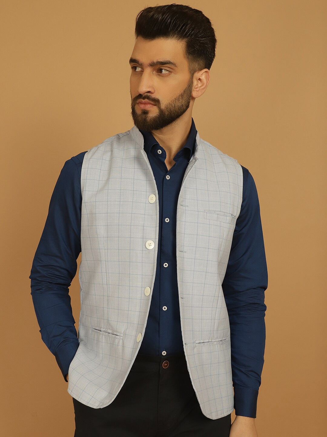 

even Checked Mandarin Collar Sleeveless Pure Woollen Nehru Jacket, Blue