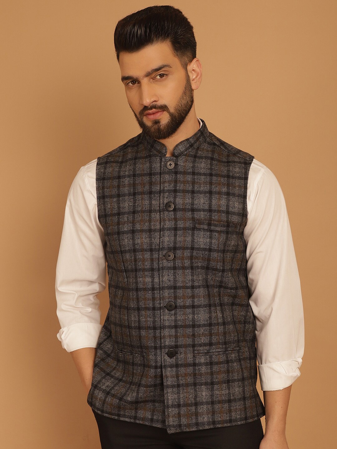 

even Checked Mandarin Collar Sleeveless Pure Woollen Nehru Jacket, Grey