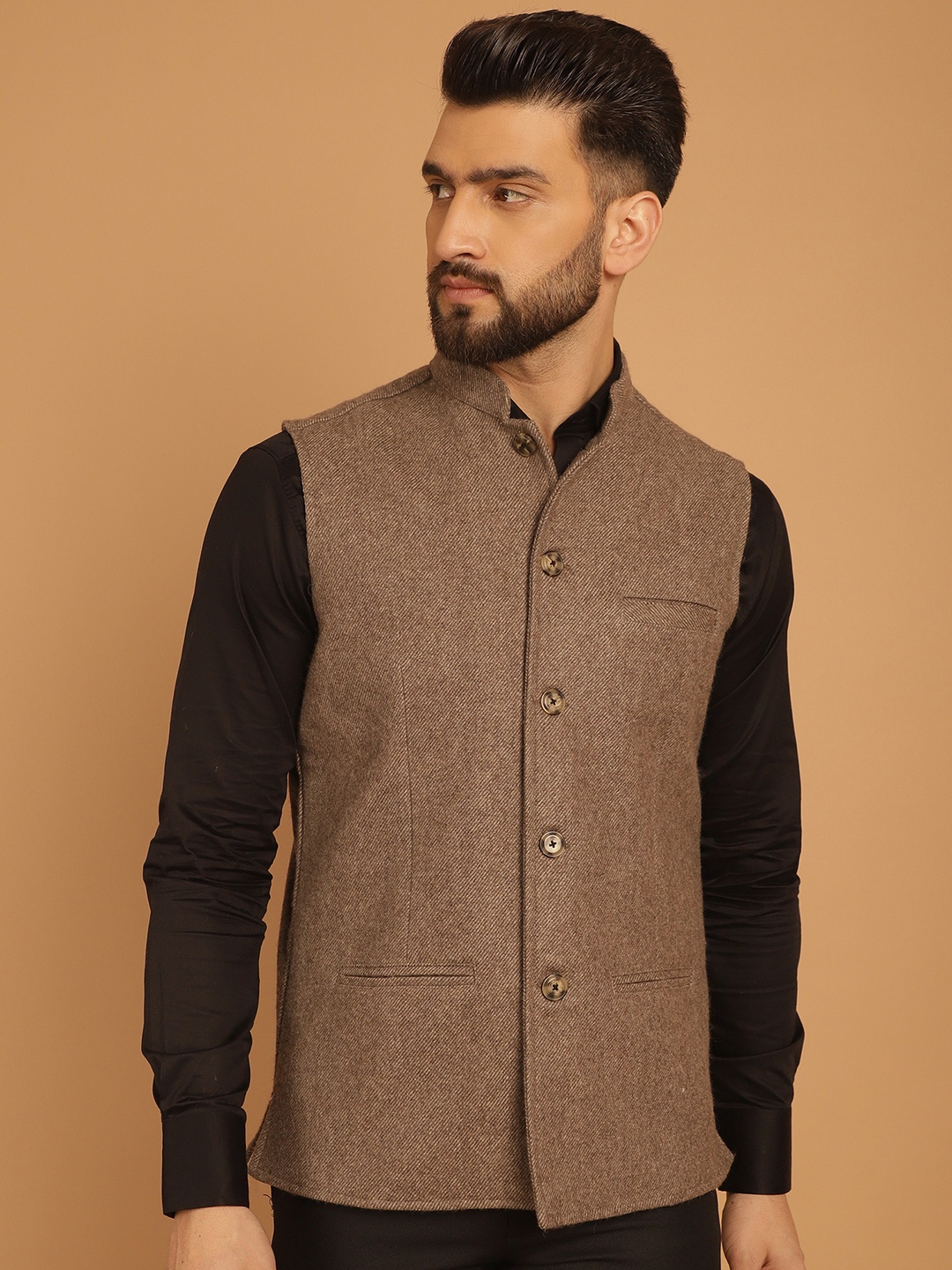 

even Mandarin Collar Sleeveless Pure Woollen Nehru Jacket, Brown