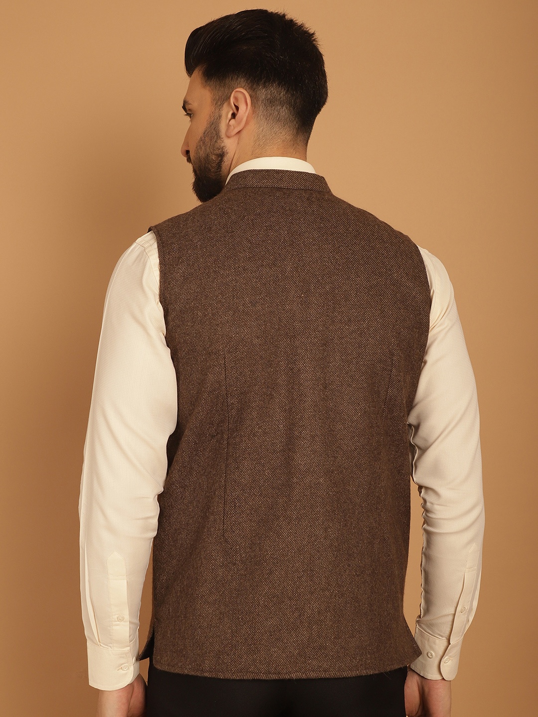 

even Mandarin Collar Pure Woollen Nehru Jacket, Brown