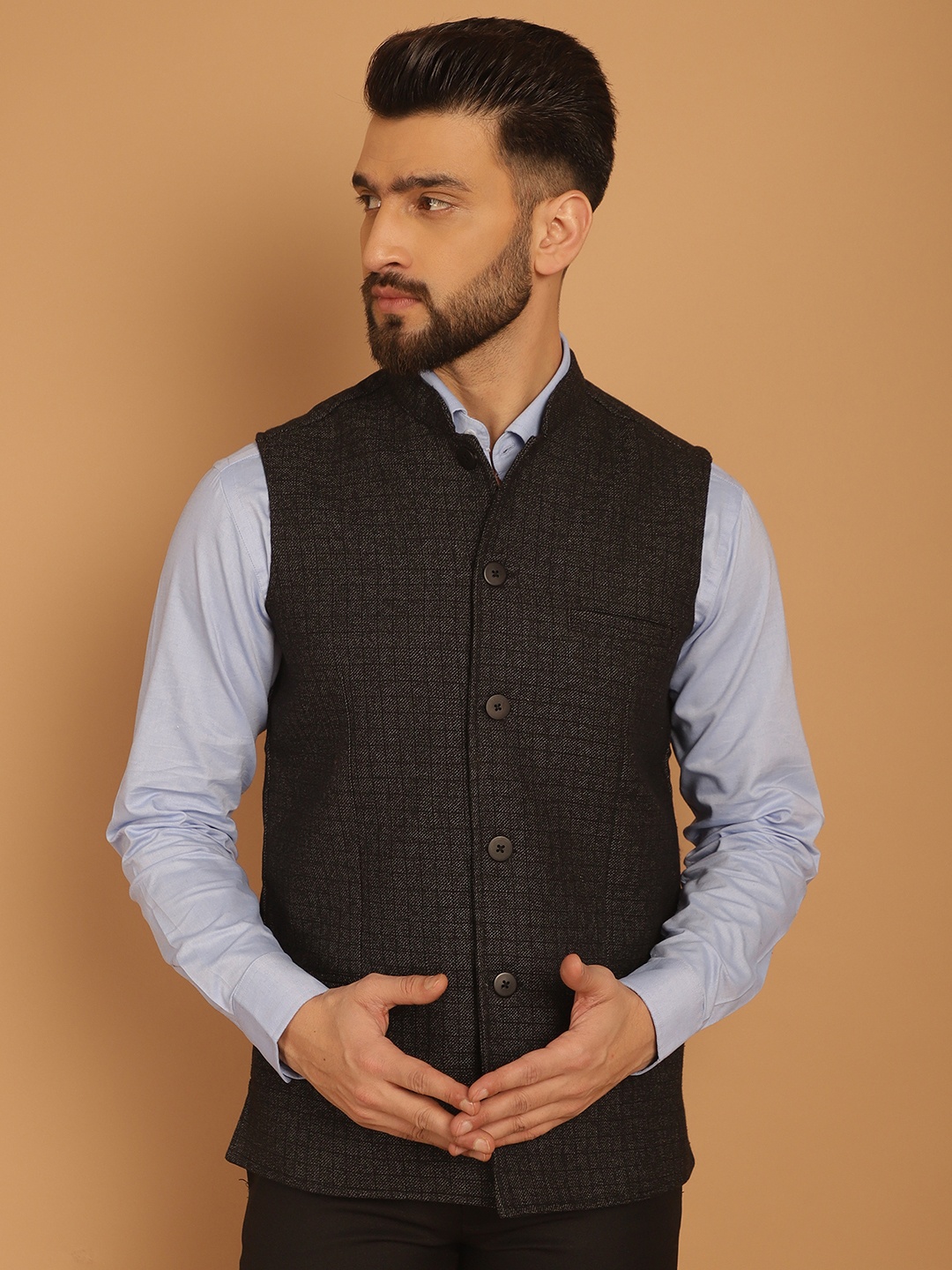 

even Checked Pure Woolen Nehru Jackets, Black