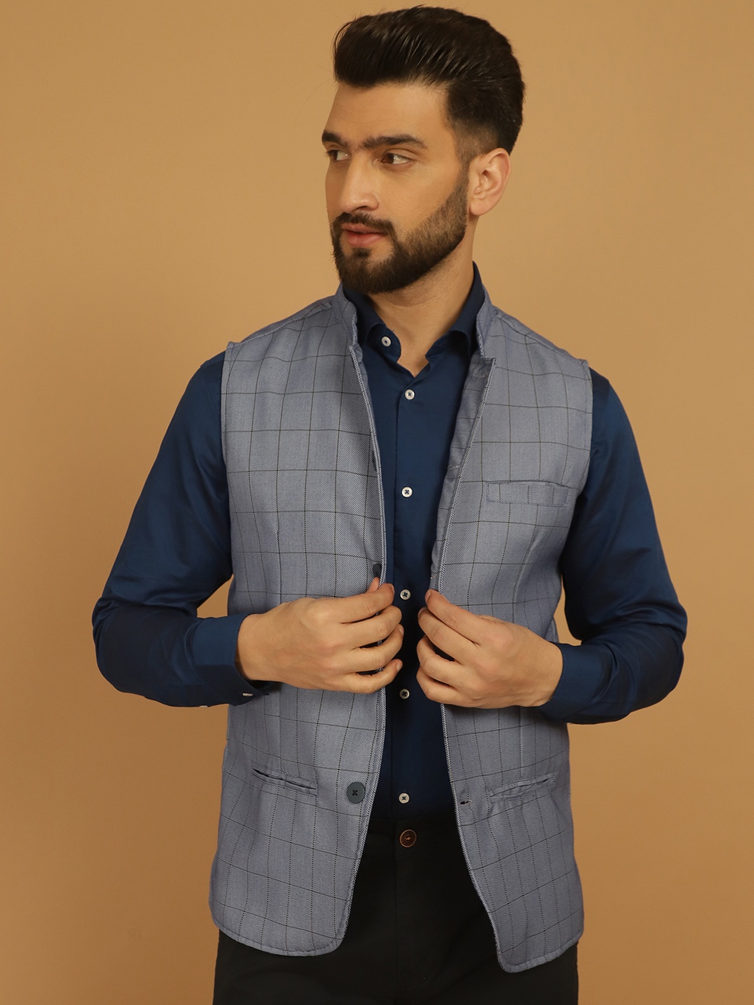 

even Checked Mandarin Collar Nehru Jackets, Blue