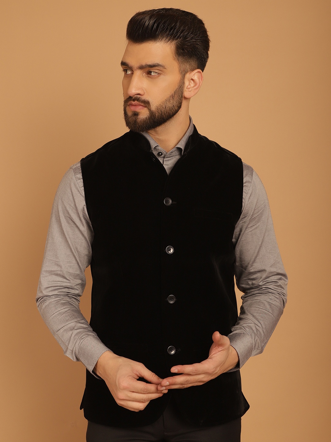 

even Mandarin Collar Nehru Jacket, Black