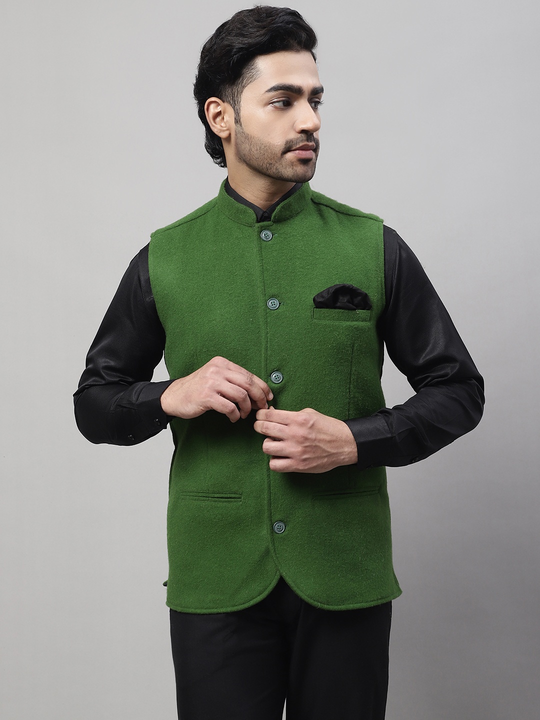 

even Mandarin Collar Sleeveless Pure Wool Nehru Jacket, Green