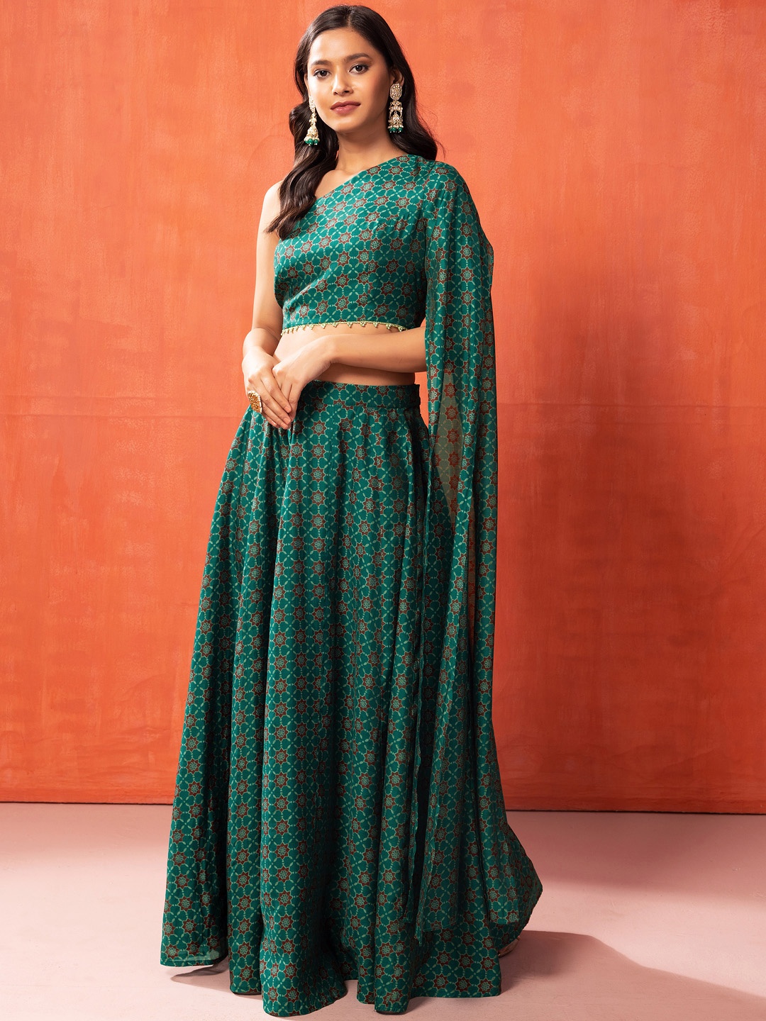 

INDYA Floral Printed One Shoulder Ready to Wear Lehenga With Choli, Green