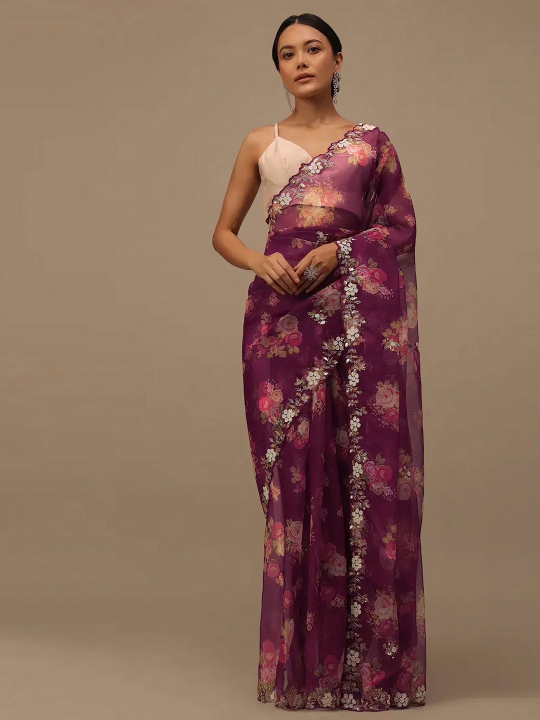 

Angroop Floral Embroidered Organza Saree, Purple