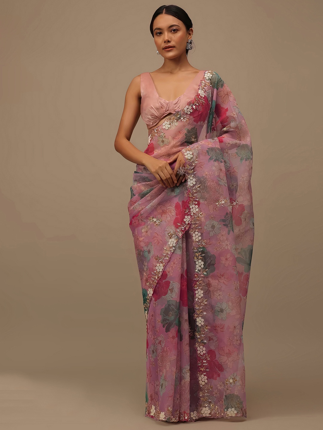 

Angroop Floral Embroidered Organza Saree, Pink