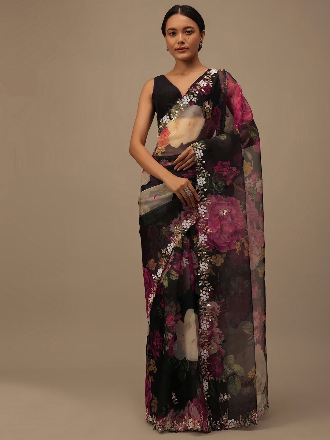 

Angroop Floral Embroidered Organza Saree, Black