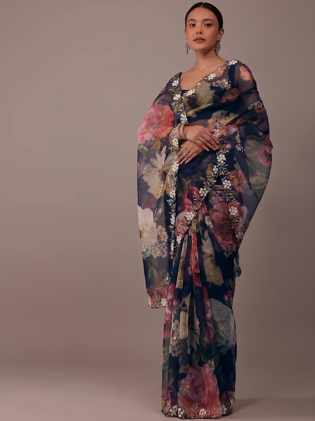 

Angroop Floral Embroidered Organza Saree, Navy blue