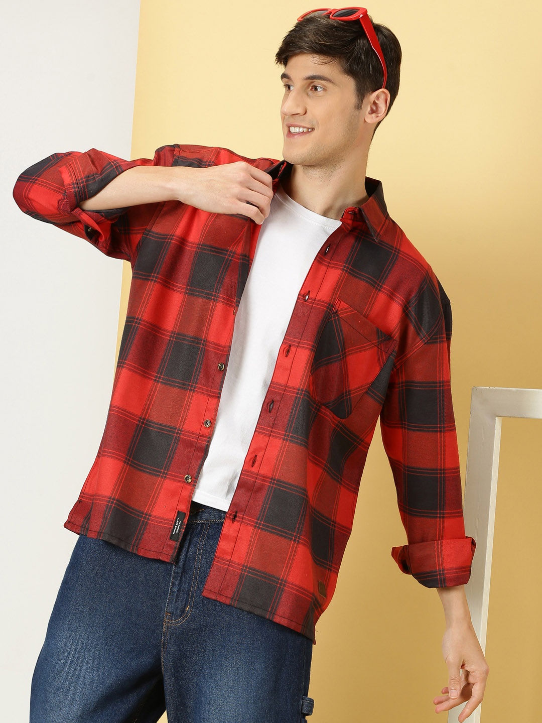 

Thomas Scott Smart Checked Spread Collar Long Sleeves Oversized Casual Shacket, Red