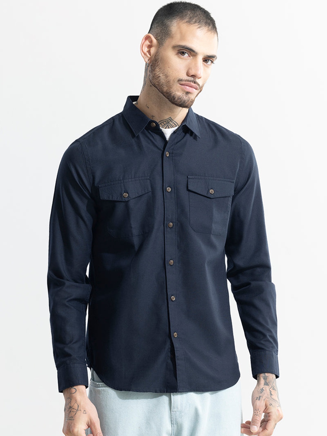 

Snitch Spread Collar Long Sleeves Cotton Classic Slim Fit Opaque Casual Shirt, Navy blue