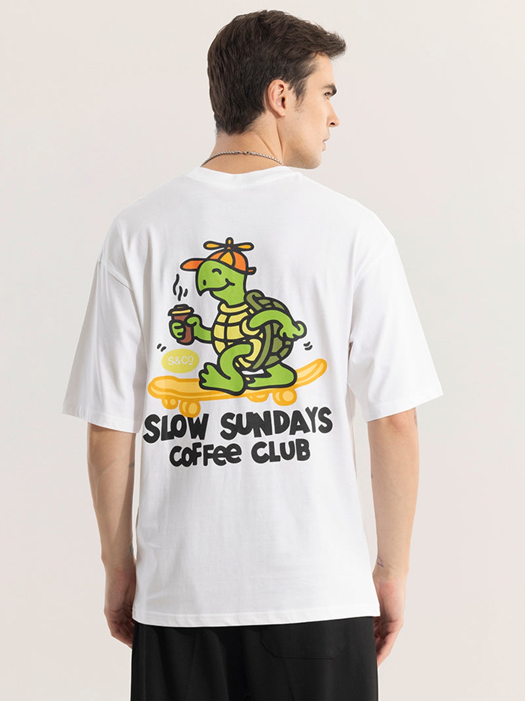 Snitch White Typography Printed Oversized Cotton T-shirt