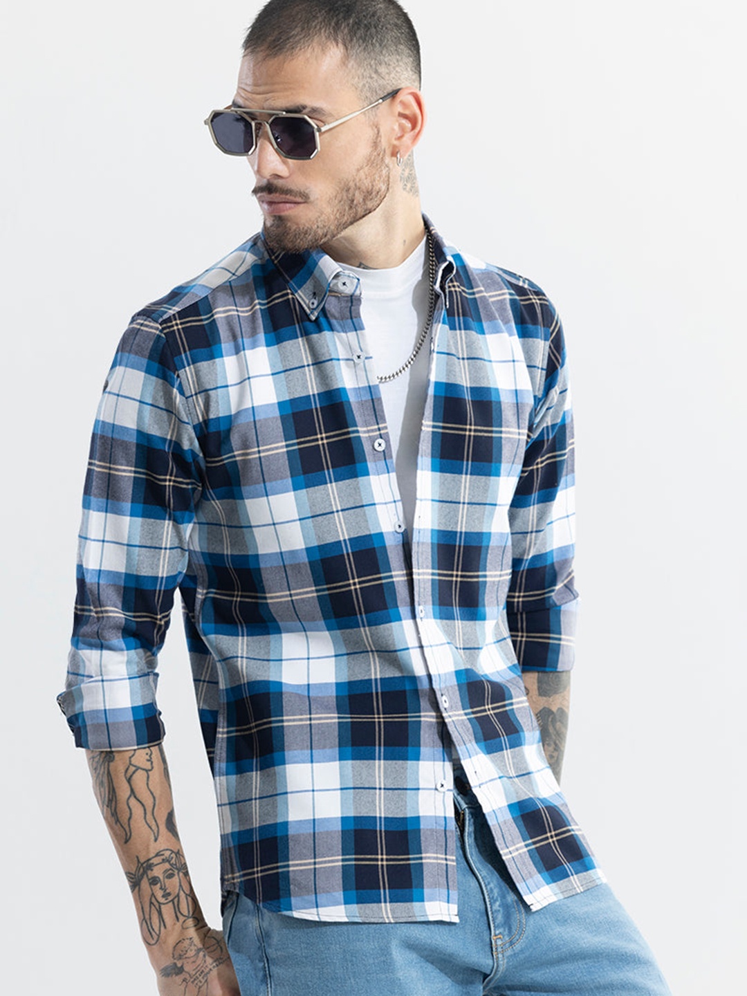 

Snitch Button Down Collar Long Sleeves Classic Slim Fit Opaque Cotton Checked Casual Shirt, Blue