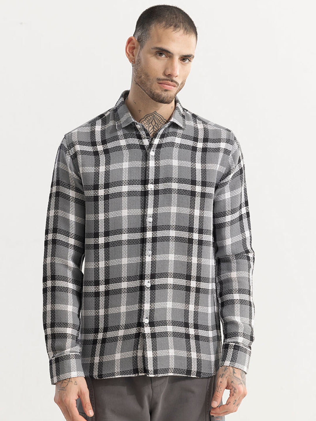 

Snitch spread collar Long Sleeves Classic Slim Fit Checked Casual Cotton Shirt, Grey