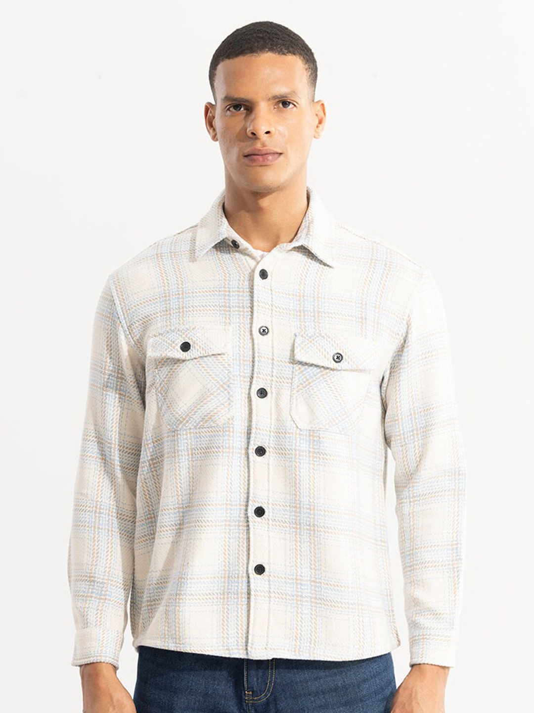 

Snitch Cream Classic Tailored Fit Printed Cotton Casual Shacket