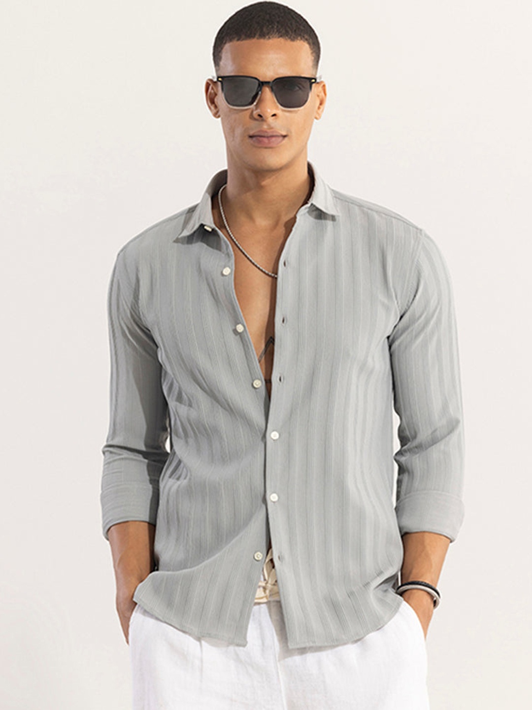

Snitch Grey Spread Collar Classic Slim Fit Striped Casual Shirt