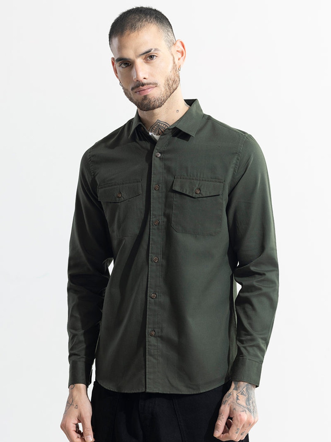 

Snitch Olive Green Classic Slim Fit Opaque Casual Shirt